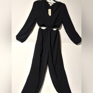 Monteau Women's Solid Black Long Sleeve V-Neck Cutout Jumpsuit Size L